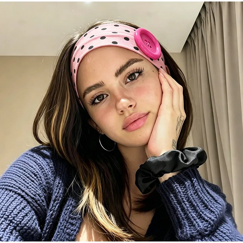 Dopamine Large Button Wave Dot Elasticity Headband Fashion INS Style Elastic Headband Sports Fitness Sweat-absorbent Hairband