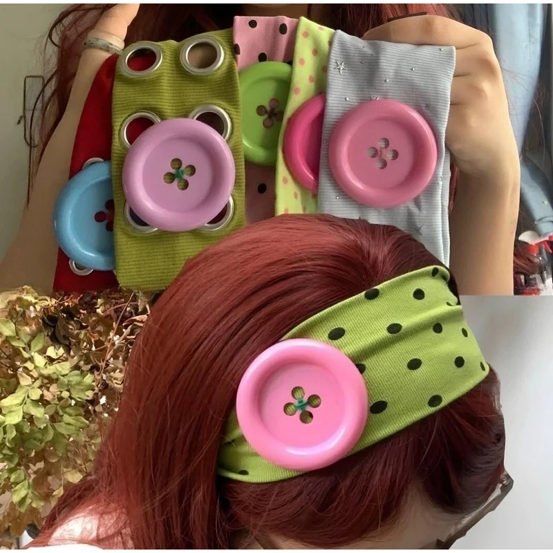 Dopamine Large Button Wave Dot Elasticity Headband Fashion INS Style Elastic Headband Sports Fitness Sweat-absorbent Hairband