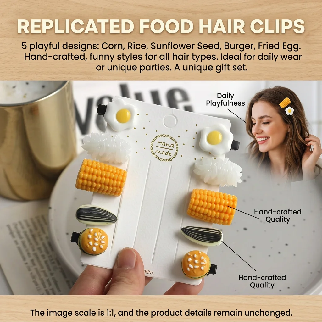Simulated Food Hair Clips Mini Food Shape Hair Clips Set Rice Egg Corn Snack Style Barrettes Hairpin Headdress Hair Accessories