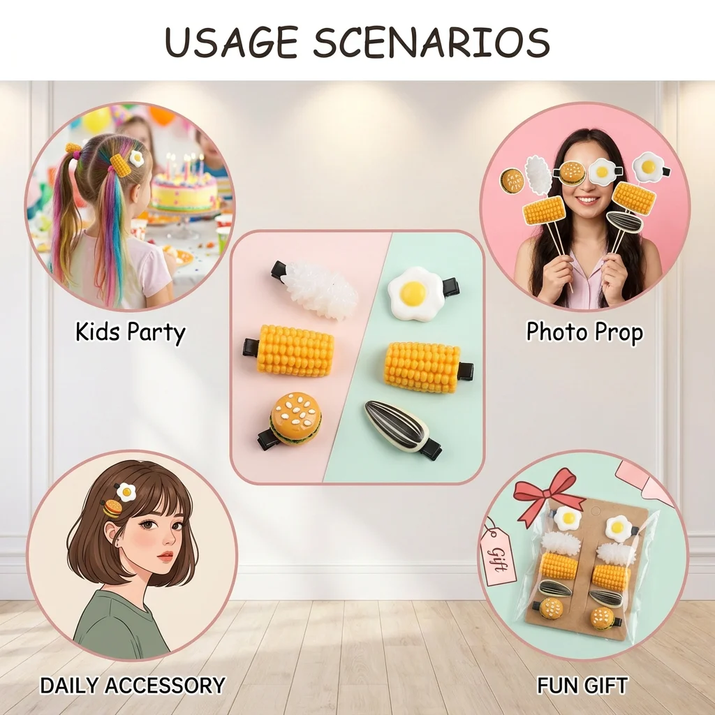 Simulated Food Hair Clips Mini Food Shape Hair Clips Set Rice Egg Corn Snack Style Barrettes Hairpin Headdress Hair Accessories
