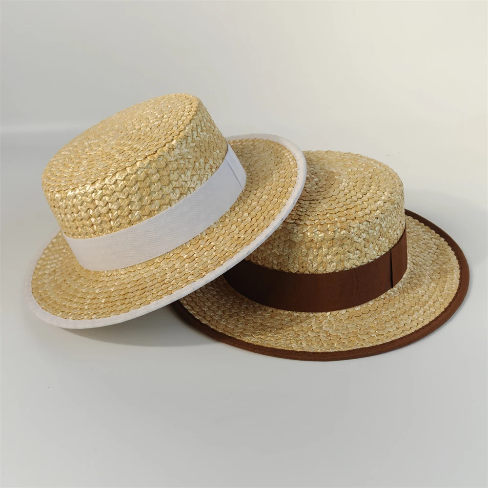 Classic French Straw Boater Hat wheat Women Men Flat Top Sun Cap Summer Beach Vacation Breathable Elegant Ribbon Band Panama Hat