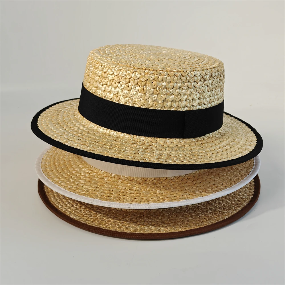 Classic French Straw Boater Hat wheat Women Men Flat Top Sun Cap Summer Beach Vacation Breathable Elegant Ribbon Band Panama Hat
