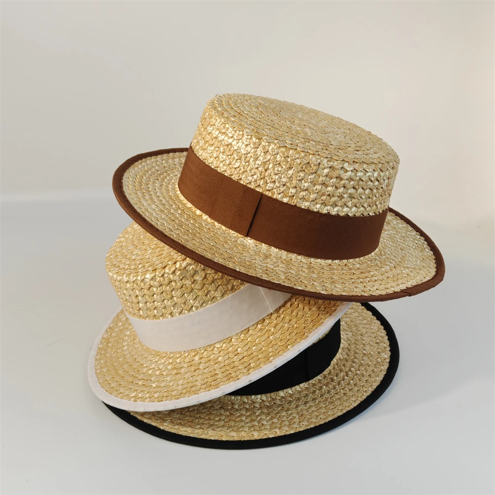 Classic French Straw Boater Hat wheat Women Men Flat Top Sun Cap Summer Beach Vacation Breathable Elegant Ribbon Band Panama Hat