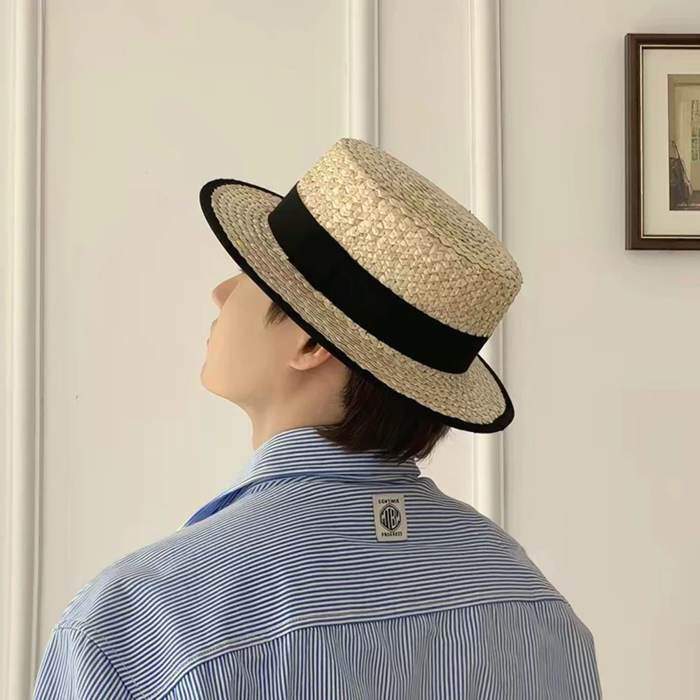 Classic French Straw Boater Hat wheat Women Men Flat Top Sun Cap Summer Beach Vacation Breathable Elegant Ribbon Band Panama Hat