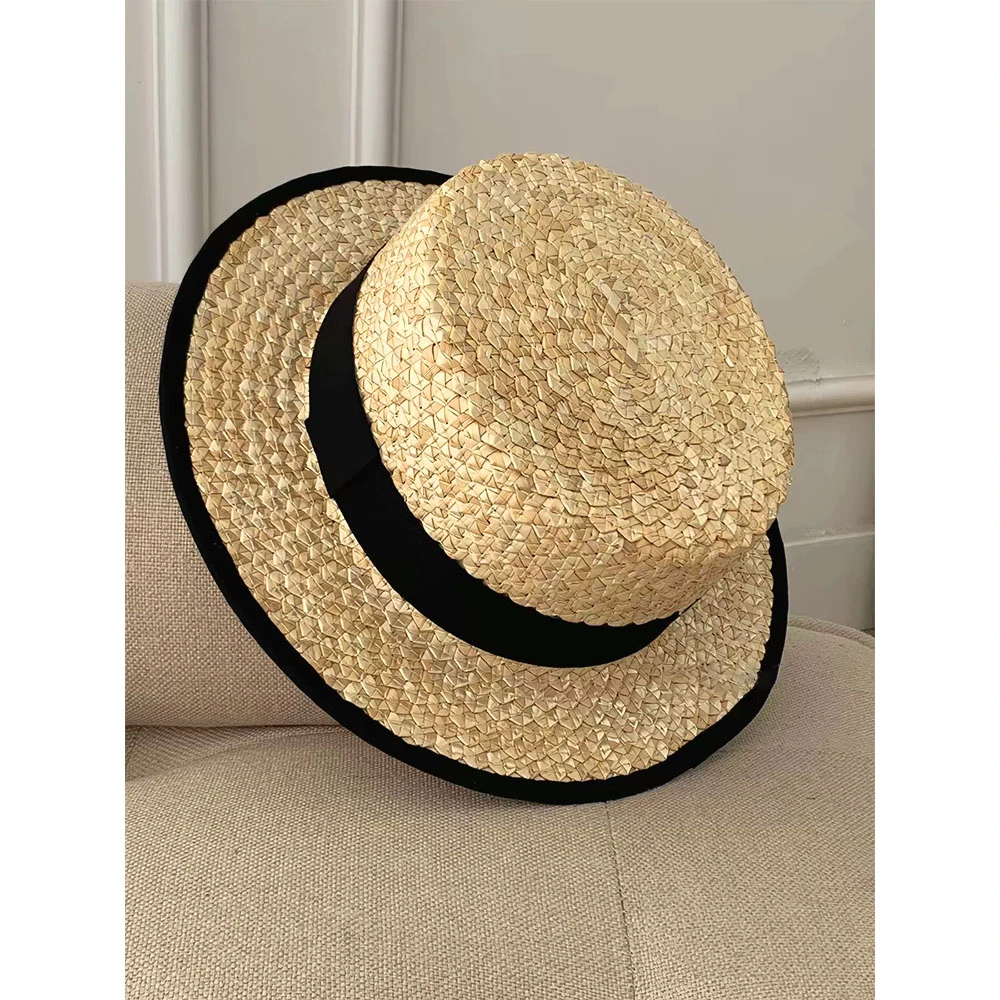 Classic French Straw Boater Hat wheat Women Men Flat Top Sun Cap Summer Beach Vacation Breathable Elegant Ribbon Band Panama Hat