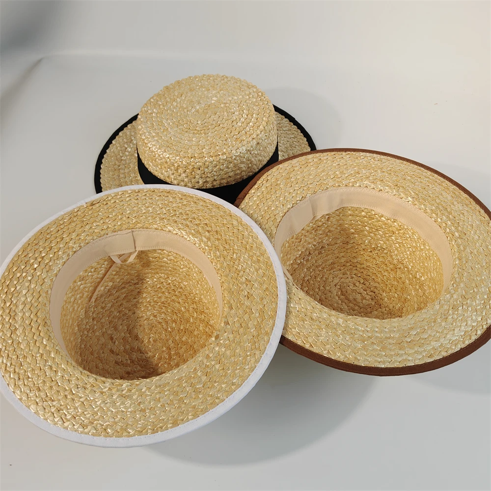 Classic French Straw Boater Hat wheat Women Men Flat Top Sun Cap Summer Beach Vacation Breathable Elegant Ribbon Band Panama Hat