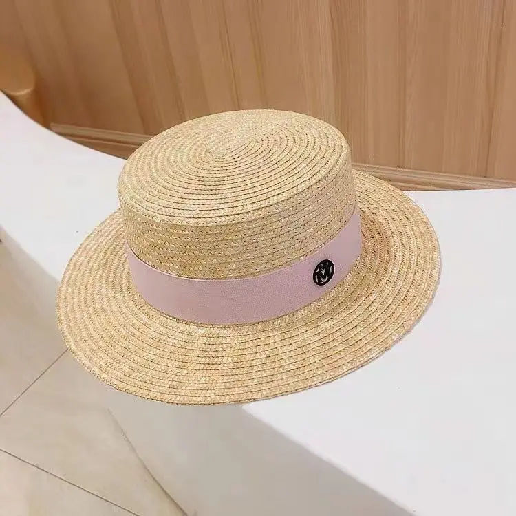 Classic French Straw Boater Hat wheat Women Men Flat Top Sun Cap Summer Beach Vacation Breathable Elegant Ribbon Band Panama Hat