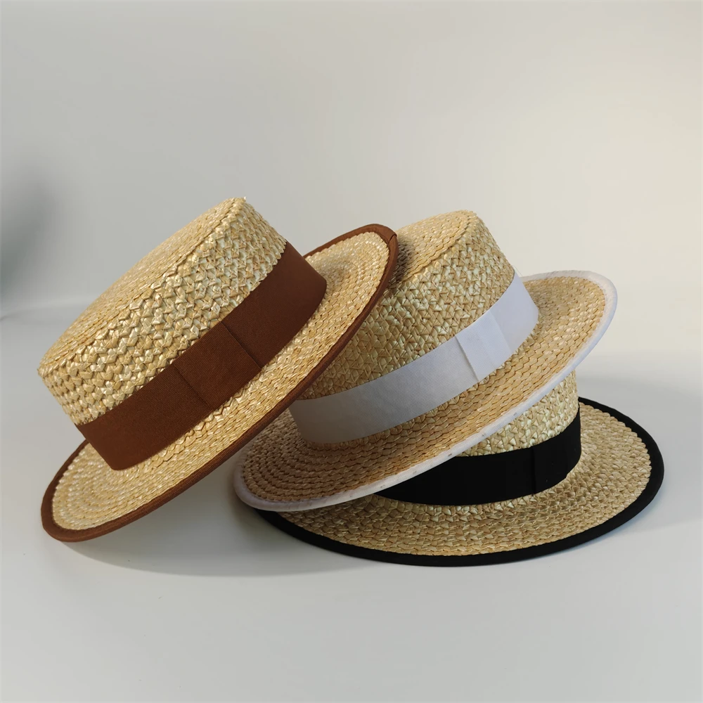 Classic French Straw Boater Hat wheat Women Men Flat Top Sun Cap Summer Beach Vacation Breathable Elegant Ribbon Band Panama Hat