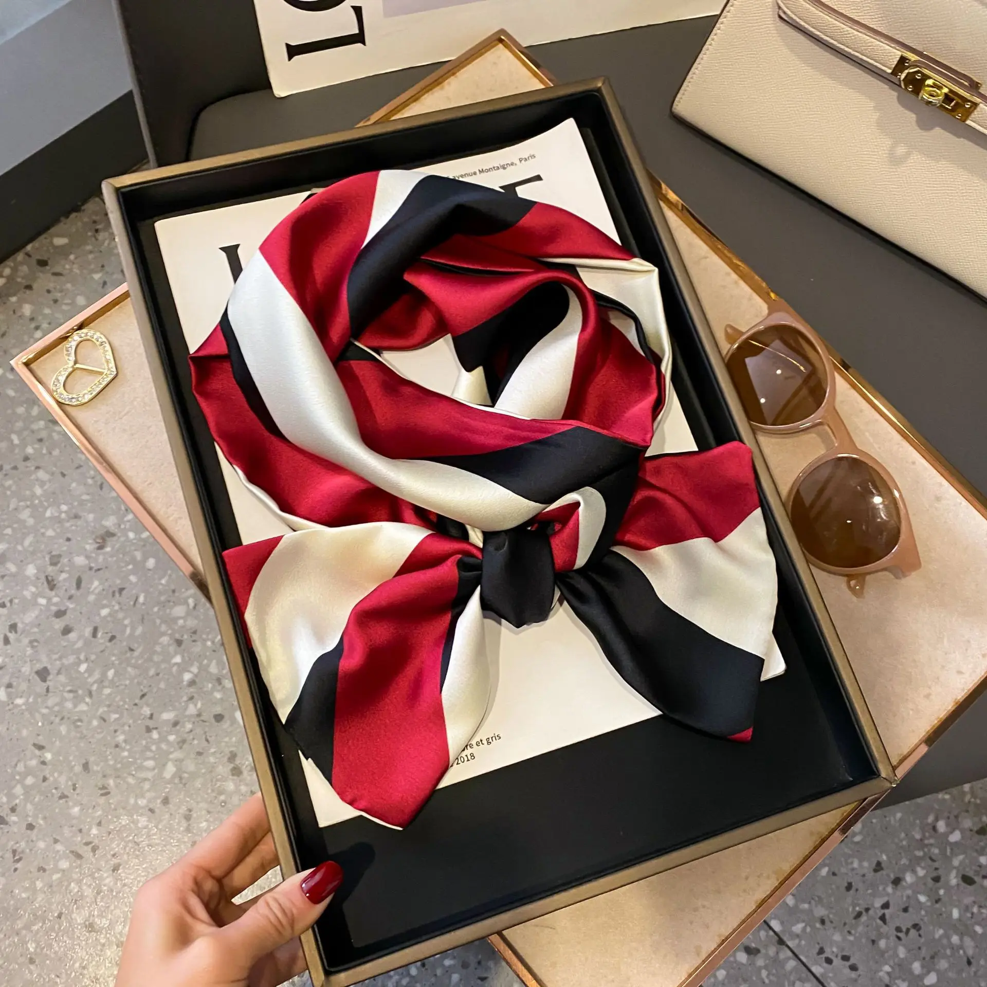 New Women Silk Feel Printed Design Scarf Shawl Fashion Luxury Long Narrow Small Silk Scarves Ladies Headband Headscarve