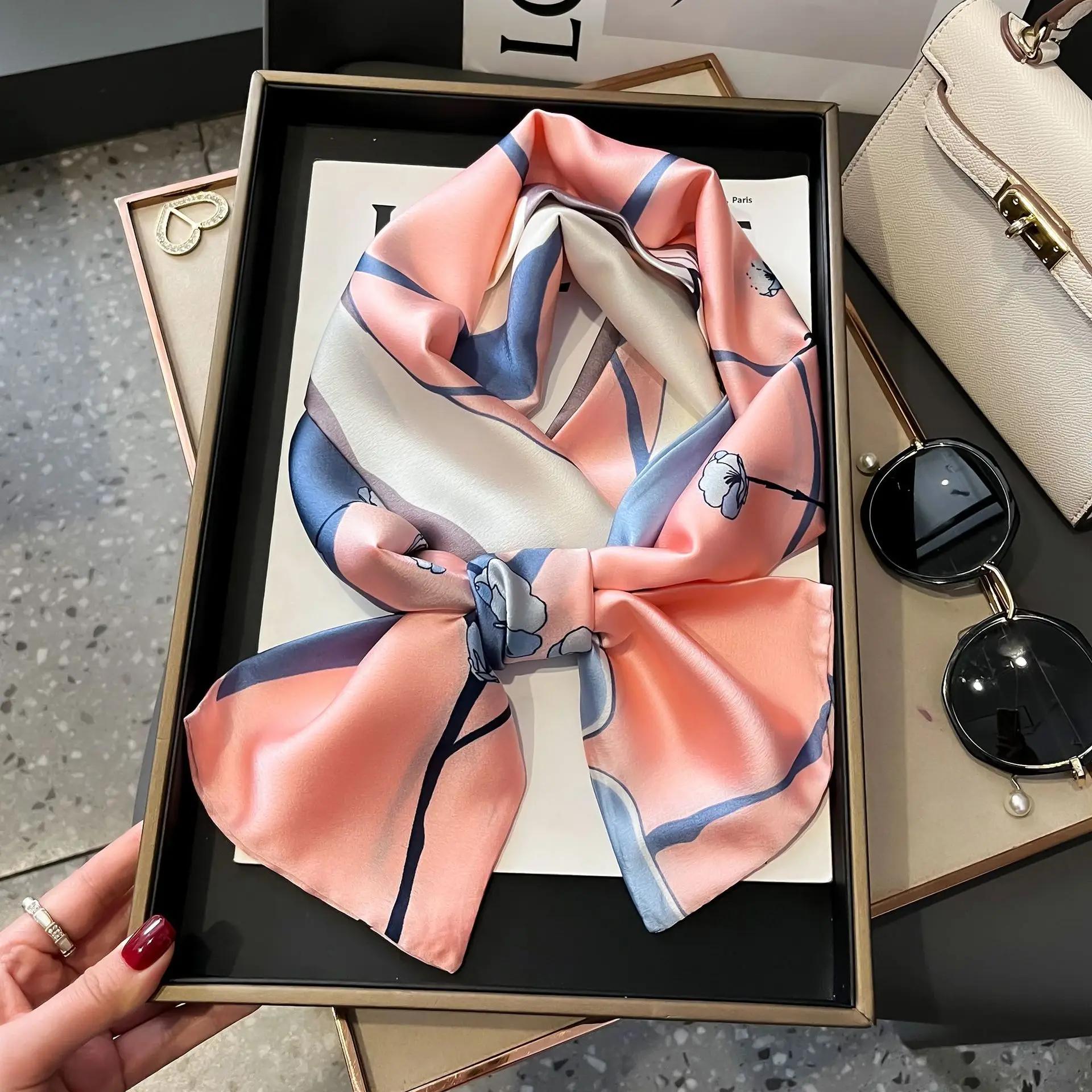 New Women Silk Feel Printed Design Scarf Shawl Fashion Luxury Long Narrow Small Silk Scarves Ladies Headband Headscarve
