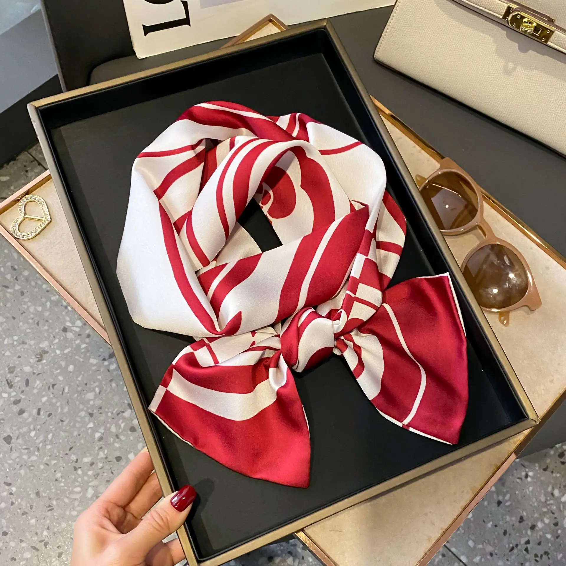 New Women Silk Feel Printed Design Scarf Shawl Fashion Luxury Long Narrow Small Silk Scarves Ladies Headband Headscarve
