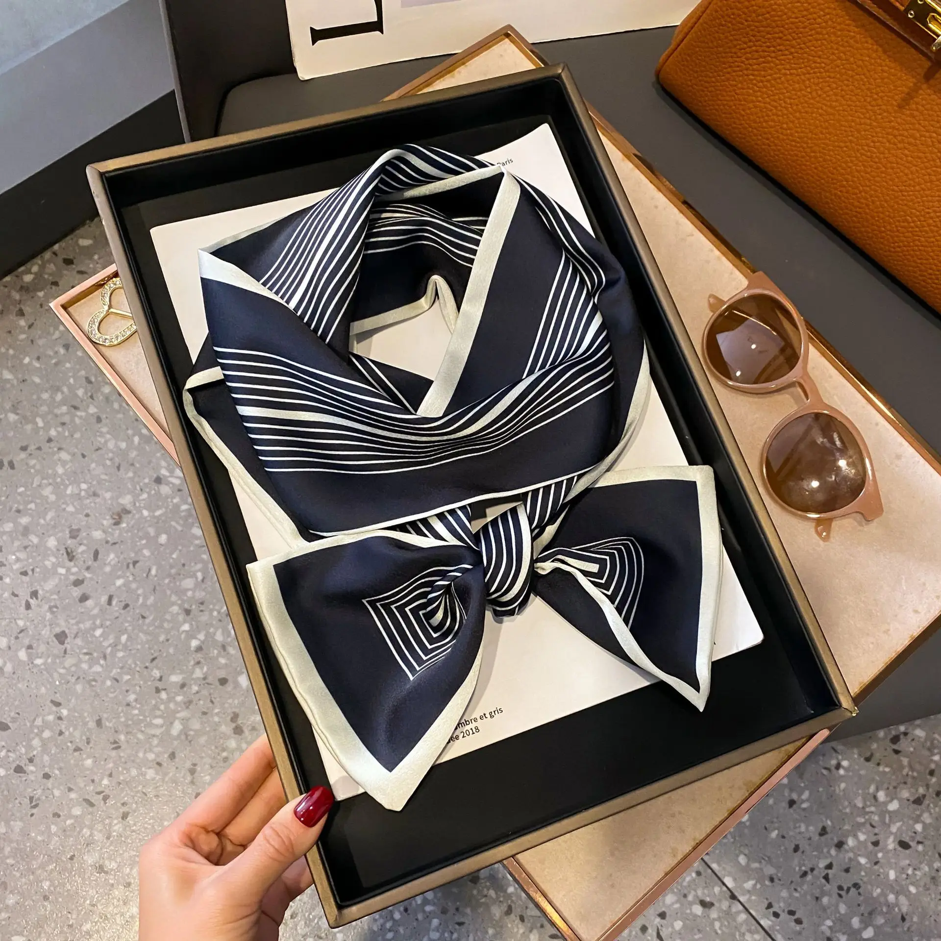 New Women Silk Feel Printed Design Scarf Shawl Fashion Luxury Long Narrow Small Silk Scarves Ladies Headband Headscarve