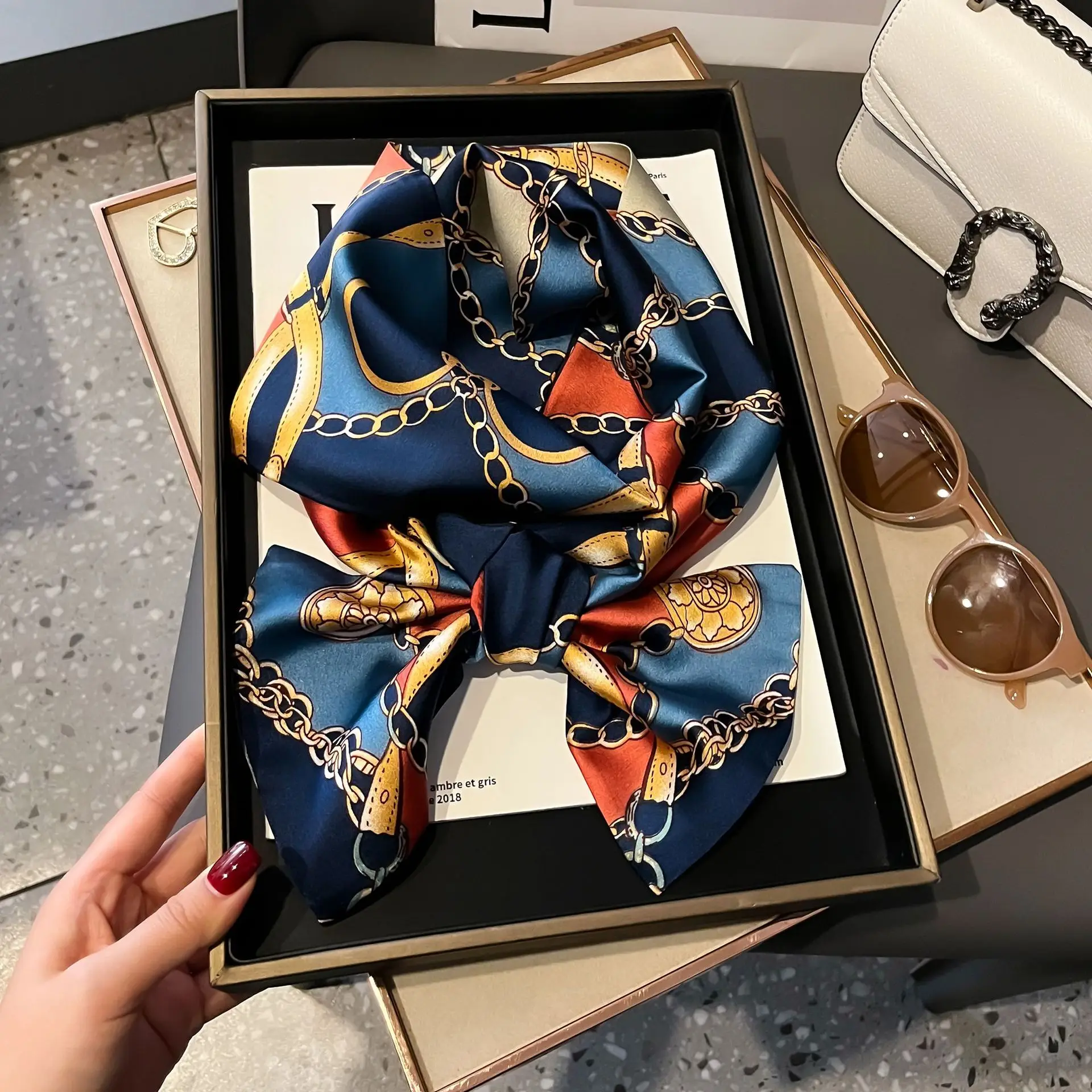 New Women Silk Feel Printed Design Scarf Shawl Fashion Luxury Long Narrow Small Silk Scarves Ladies Headband Headscarve