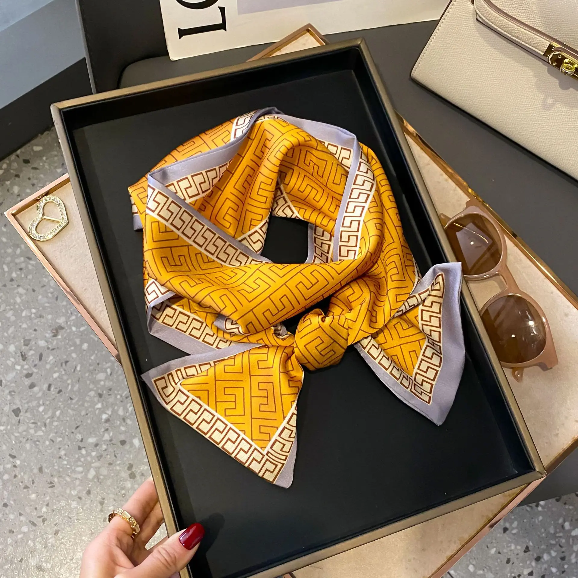 New Women Silk Feel Printed Design Scarf Shawl Fashion Luxury Long Narrow Small Silk Scarves Ladies Headband Headscarve