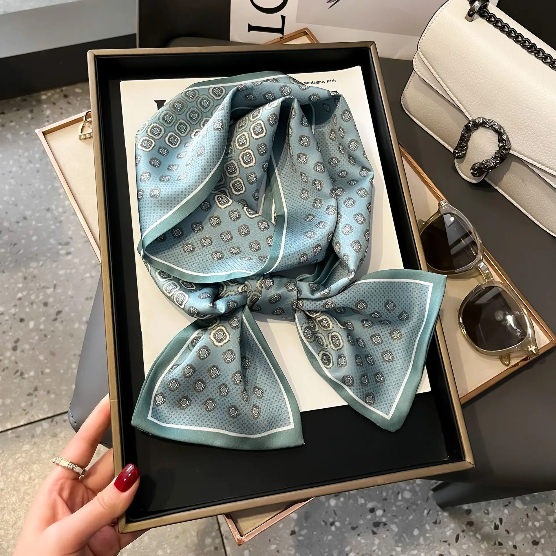 New Women Silk Feel Printed Design Scarf Shawl Fashion Luxury Long Narrow Small Silk Scarves Ladies Headband Headscarve