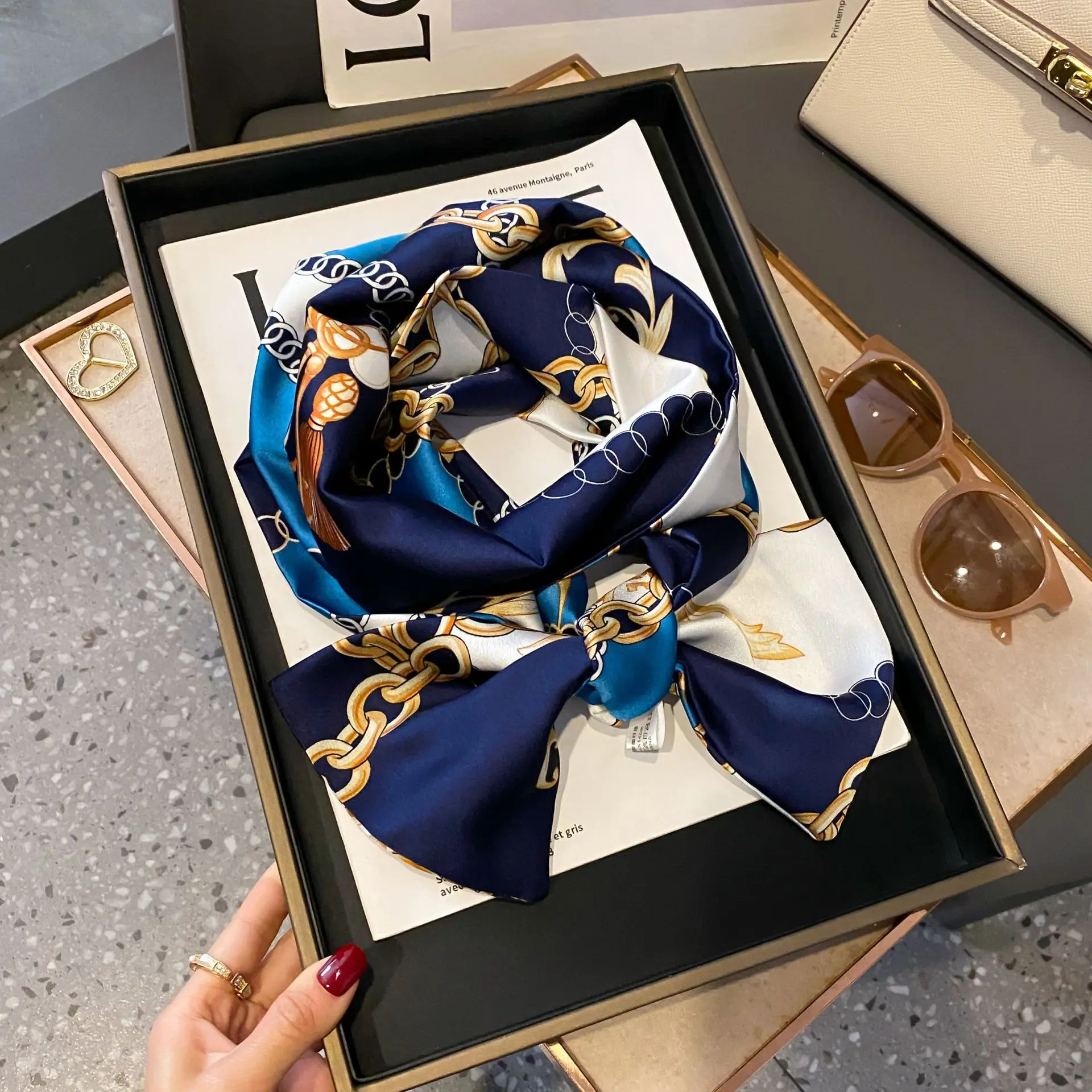 New Women Silk Feel Printed Design Scarf Shawl Fashion Luxury Long Narrow Small Silk Scarves Ladies Headband Headscarve