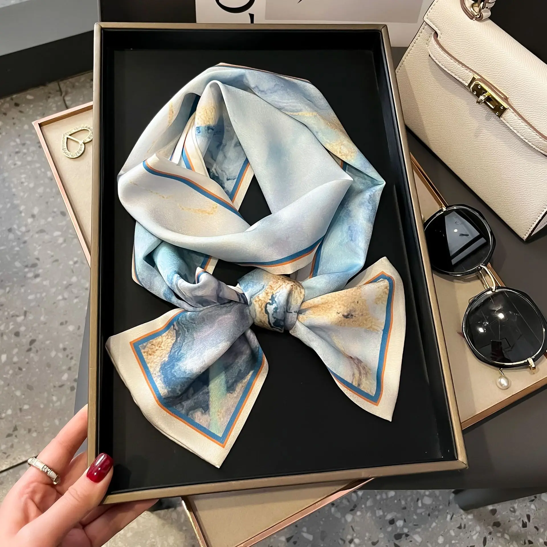 New Women Silk Feel Printed Design Scarf Shawl Fashion Luxury Long Narrow Small Silk Scarves Ladies Headband Headscarve