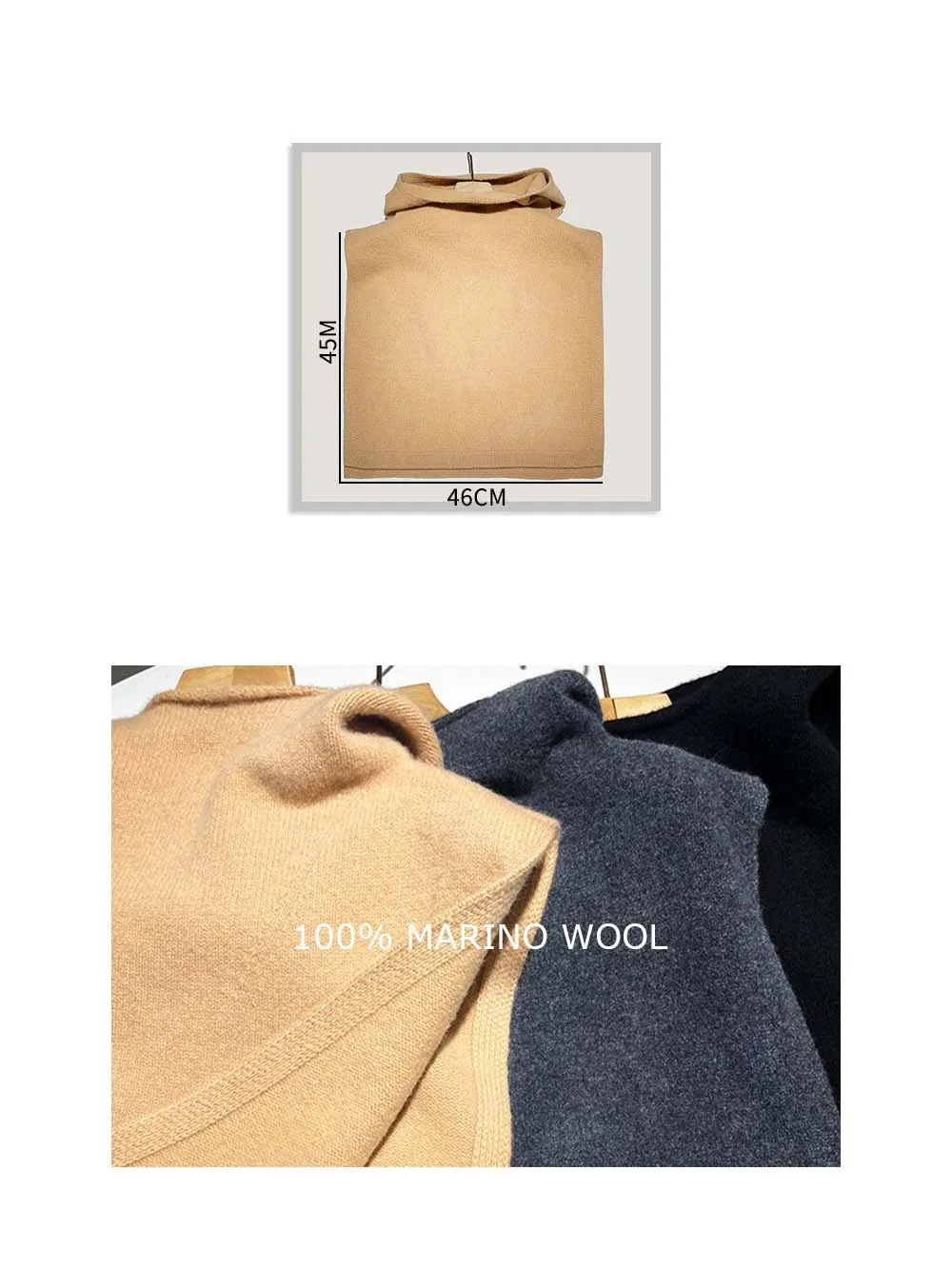 Marino Wool Hooded Neck Warmer Scarf Women Knitted Snood Turtleneck Cowl Shawl