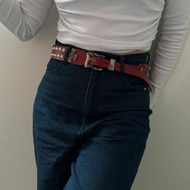 Unisex Cross Jeans Belt FeMale Gothic Accessory Punk Y2k Designer Belts For Women Hip Hop Plus Size Rivet Black Men's Belt Male