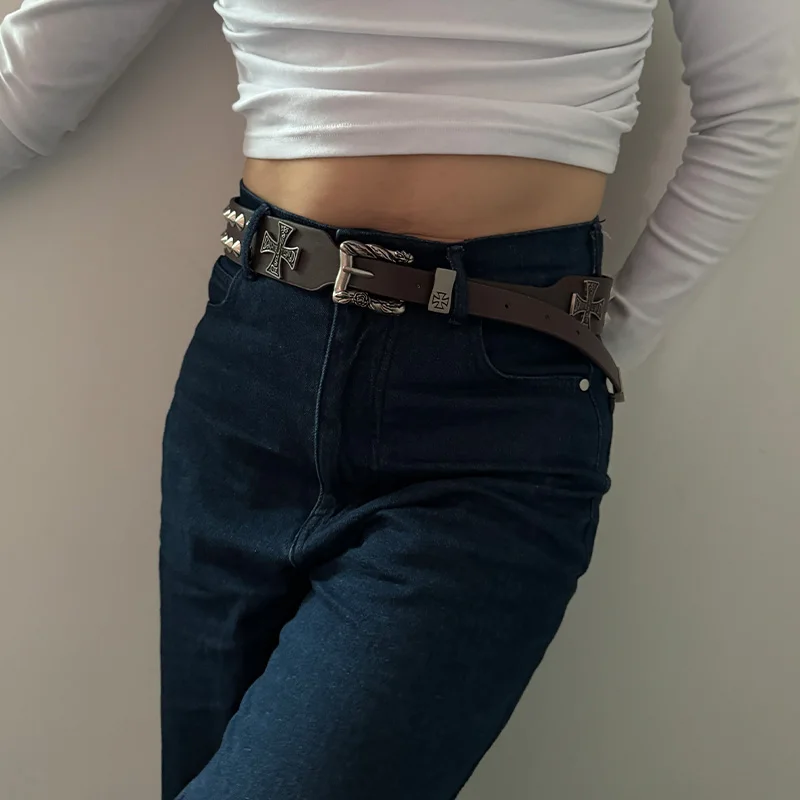 Unisex Cross Jeans Belt FeMale Gothic Accessory Punk Y2k Designer Belts For Women Hip Hop Plus Size Rivet Black Men's Belt Male