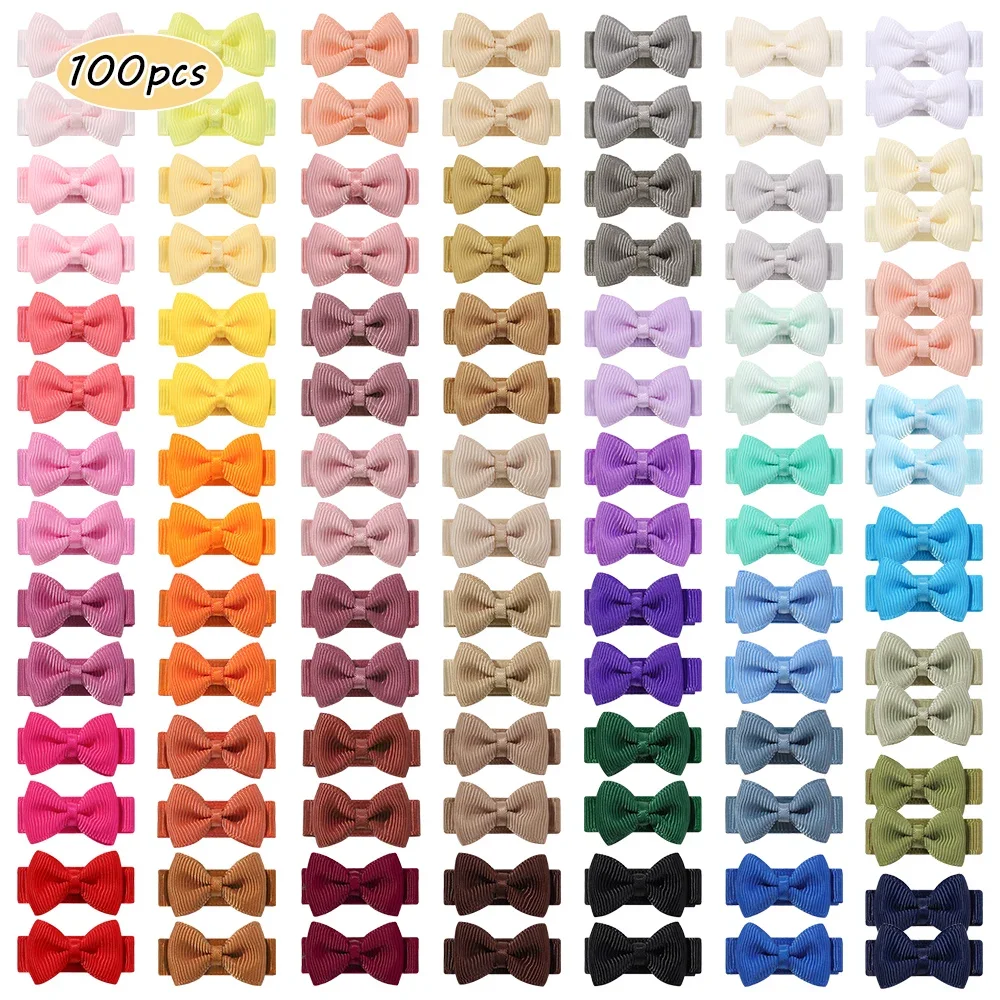 BABY BOWS 100Pcs 1.2'' Ribbon Hair Bows Clips for Baby Girls Candy Color Bowknot Hairpins Headwear Toddlers Hair Accessories