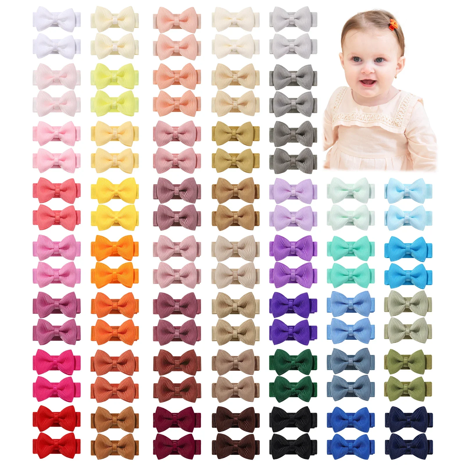 BABY BOWS 100Pcs 1.2'' Ribbon Hair Bows Clips for Baby Girls Candy Color Bowknot Hairpins Headwear Toddlers Hair Accessories
