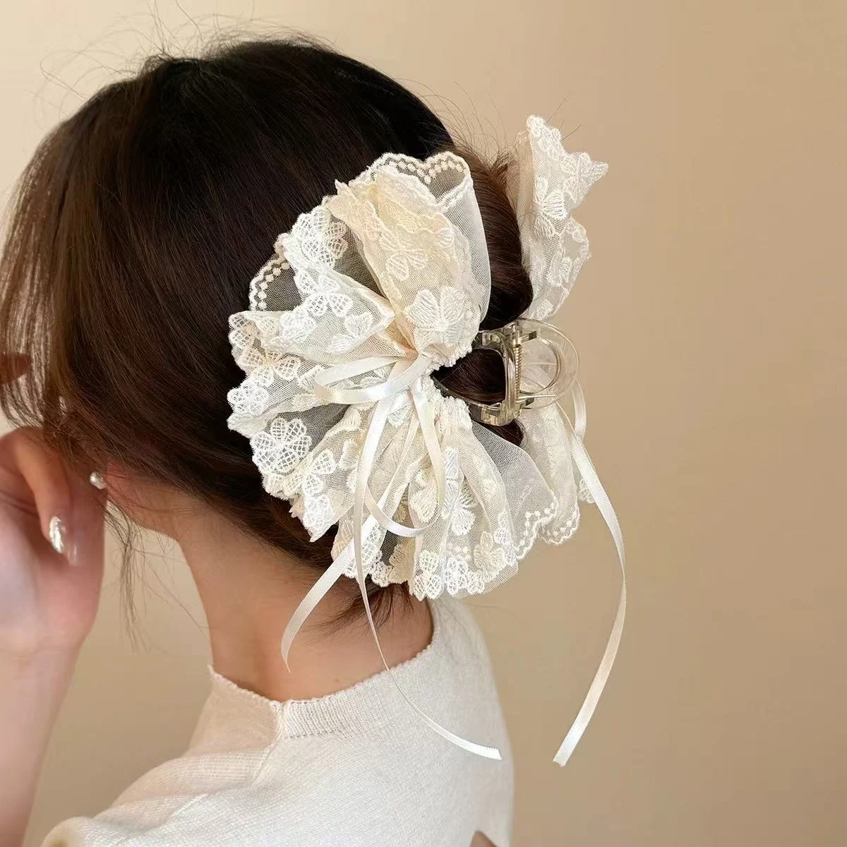 1pc Korean Style Elegant Butterfly Knot Ribbon Embroidered Lace Hair Claw, Women's Back Head Ponytail Clip Half-Up Shark Clip