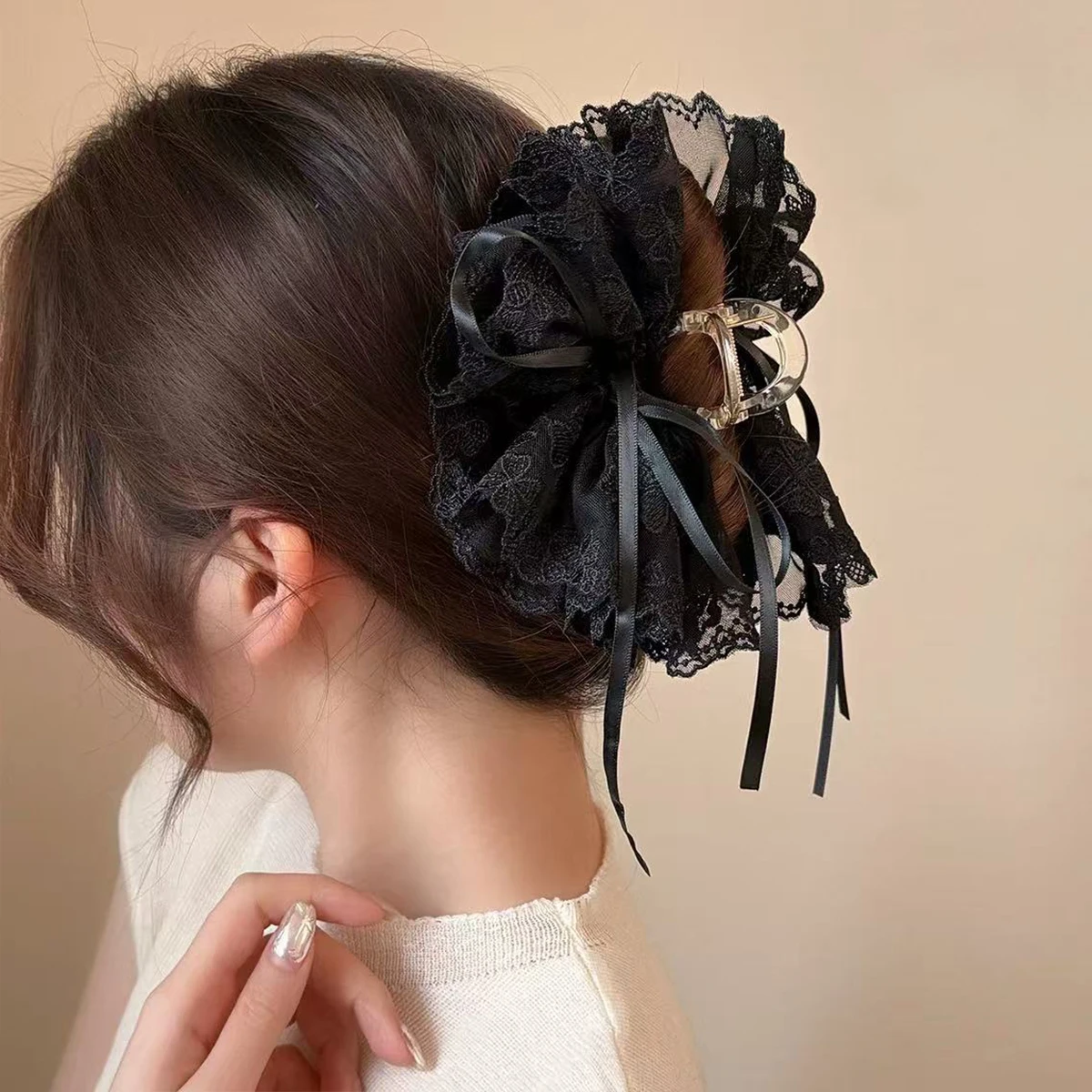 1pc Korean Style Elegant Butterfly Knot Ribbon Embroidered Lace Hair Claw, Women's Back Head Ponytail Clip Half-Up Shark Clip
