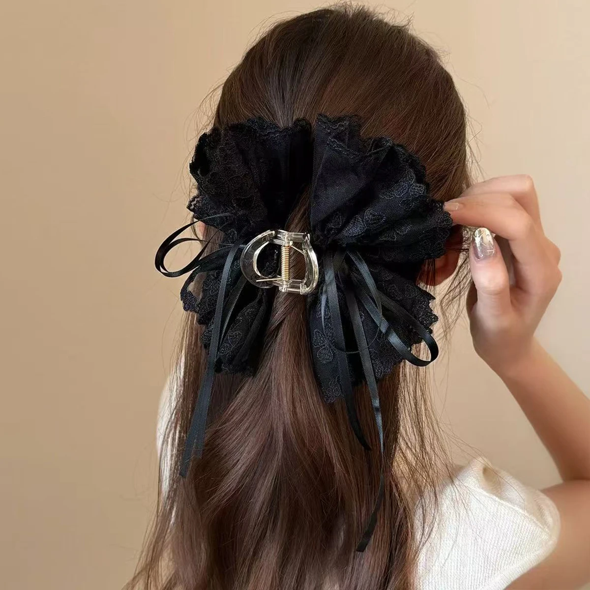 1pc Korean Style Elegant Butterfly Knot Ribbon Embroidered Lace Hair Claw, Women's Back Head Ponytail Clip Half-Up Shark Clip