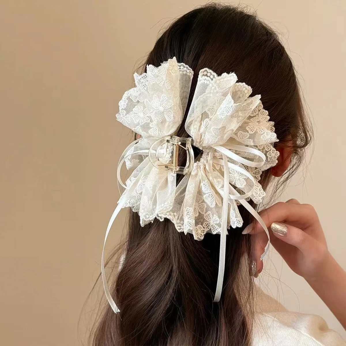 1pc Korean Style Elegant Butterfly Knot Ribbon Embroidered Lace Hair Claw, Women's Back Head Ponytail Clip Half-Up Shark Clip