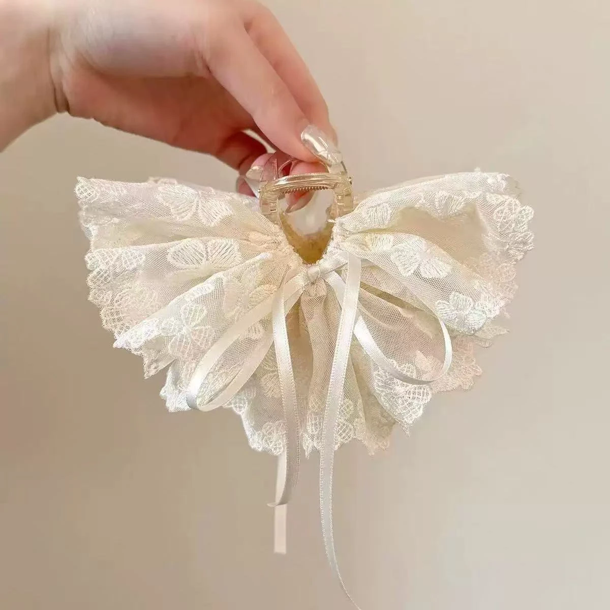 1pc Korean Style Elegant Butterfly Knot Ribbon Embroidered Lace Hair Claw, Women's Back Head Ponytail Clip Half-Up Shark Clip