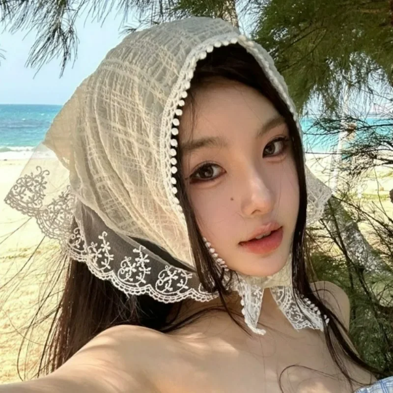 Ins Women Headscarf French Pastoral Style Sweet Lace Bandana Bohemia Triangle Strap Hair Headscarf Hat Travel Headband Headwear