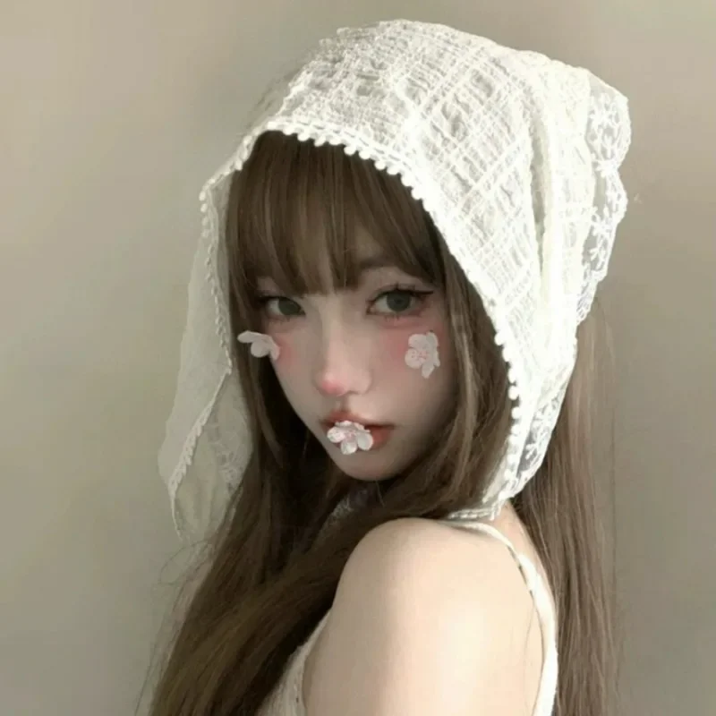 Ins Women Headscarf French Pastoral Style Sweet Lace Bandana Bohemia Triangle Strap Hair Headscarf Hat Travel Headband Headwear