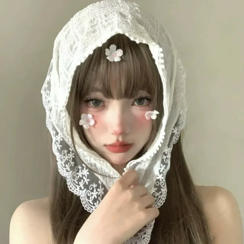 Ins Women Headscarf French Pastoral Style Sweet Lace Bandana Bohemia Triangle Strap Hair Headscarf Hat Travel Headband Headwear