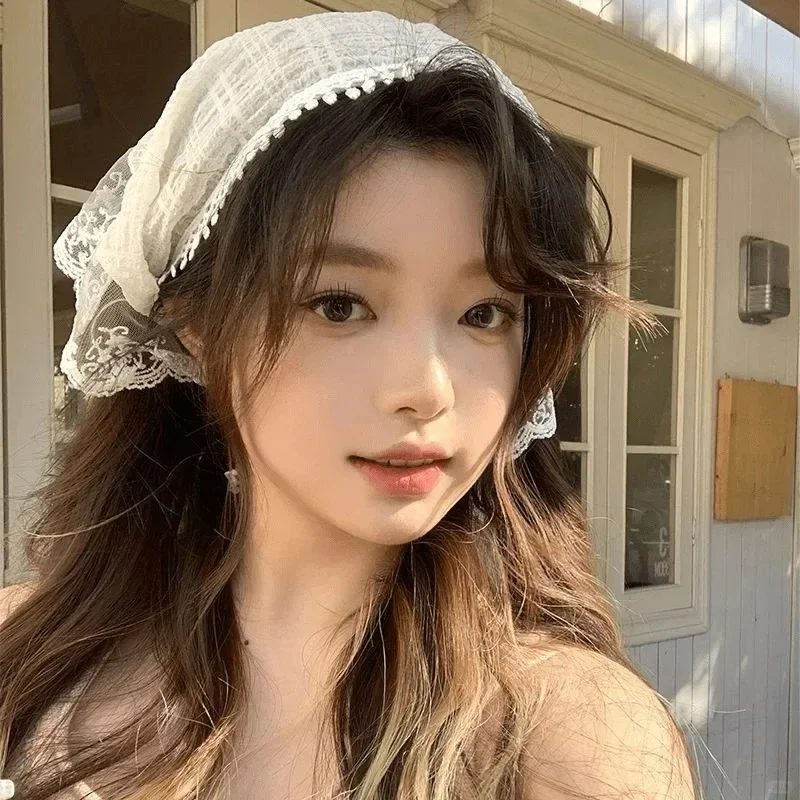 Ins Women Headscarf French Pastoral Style Sweet Lace Bandana Bohemia Triangle Strap Hair Headscarf Hat Travel Headband Headwear