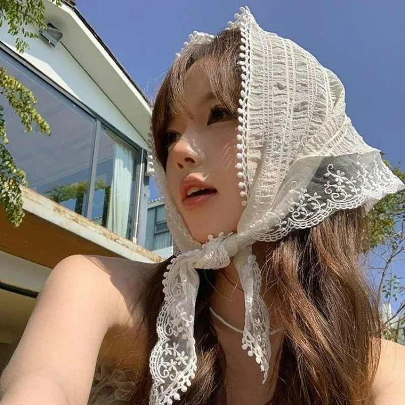 Ins Women Headscarf French Pastoral Style Sweet Lace Bandana Bohemia Triangle Strap Hair Headscarf Hat Travel Headband Headwear