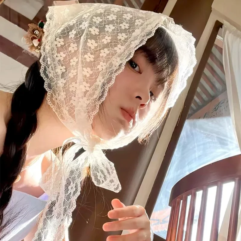 Ins Women Headscarf French Pastoral Style Sweet Lace Bandana Bohemia Triangle Strap Hair Headscarf Hat Travel Headband Headwear