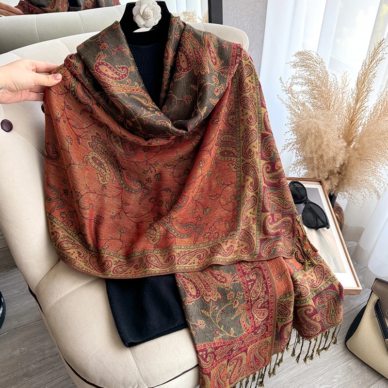 Tassel Blanket Design Thick Pashmina New Winter Warm Shawl Wrap Paisley Pattern Scarf Women Neckerchief Poncho Stoles 2025