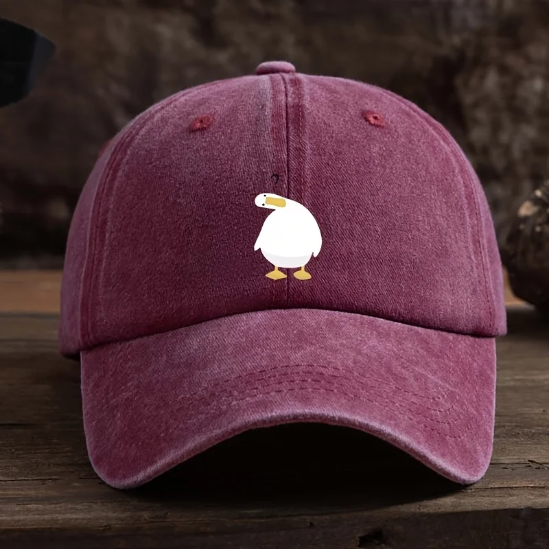 Cute duck print baseball cap with adjustable snap button, breathable fabric, outdoor casual headpiece