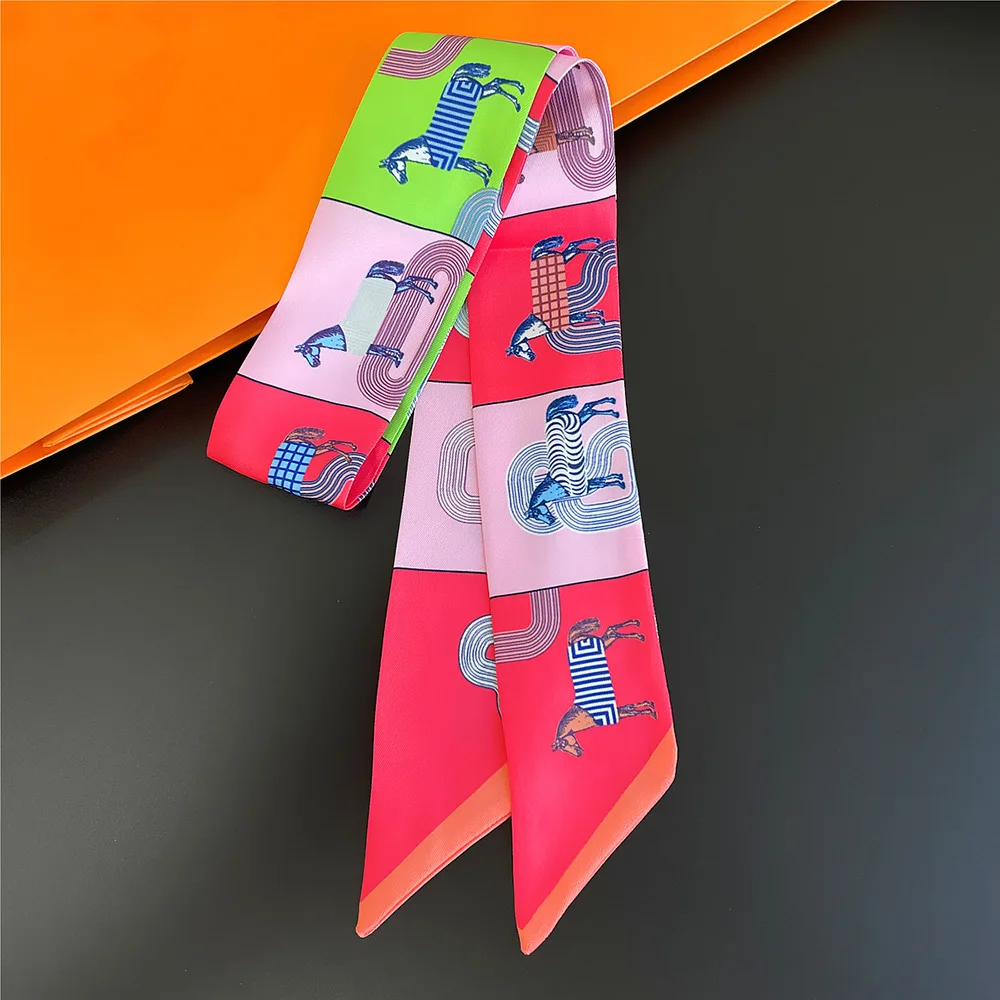 5*90cm Women Horse Printing Long Bag Scarf Brand Silk Foulard Dould-side Ribbon Tie Head Scarves For Ladies