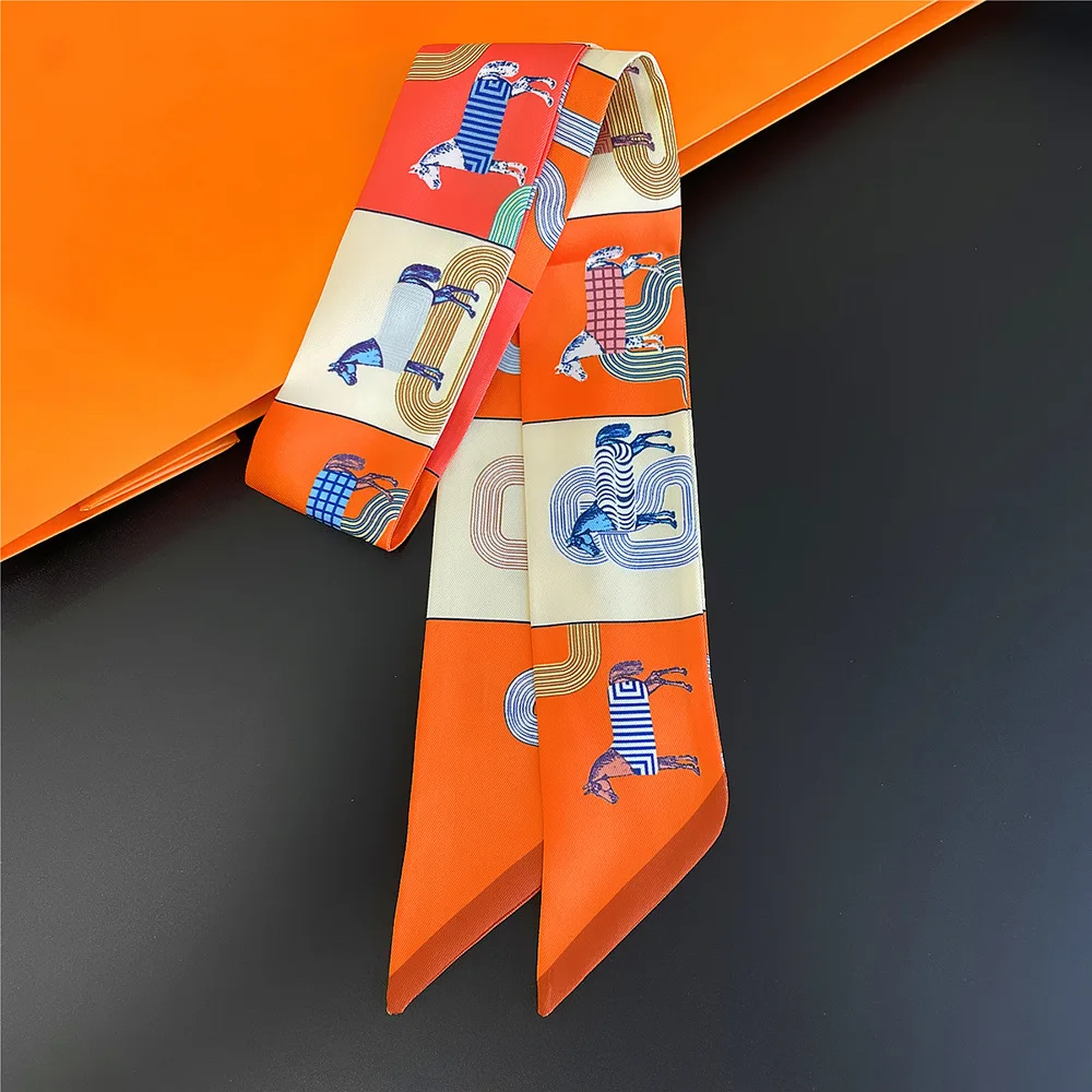 5*90cm Women Horse Printing Long Bag Scarf Brand Silk Foulard Dould-side Ribbon Tie Head Scarves For Ladies