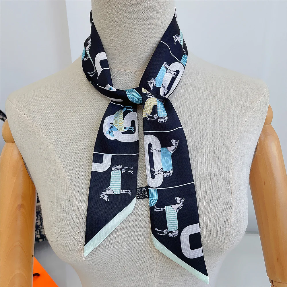 5*90cm Women Horse Printing Long Bag Scarf Brand Silk Foulard Dould-side Ribbon Tie Head Scarves For Ladies
