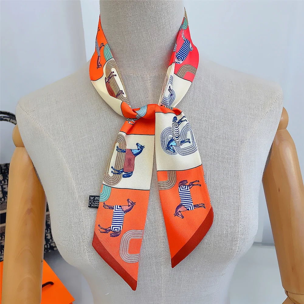 5*90cm Women Horse Printing Long Bag Scarf Brand Silk Foulard Dould-side Ribbon Tie Head Scarves For Ladies