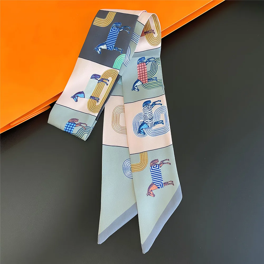 5*90cm Women Horse Printing Long Bag Scarf Brand Silk Foulard Dould-side Ribbon Tie Head Scarves For Ladies