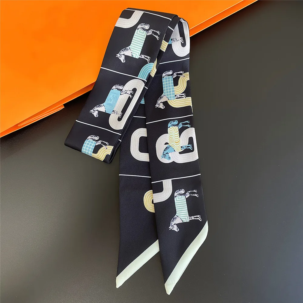 5*90cm Women Horse Printing Long Bag Scarf Brand Silk Foulard Dould-side Ribbon Tie Head Scarves For Ladies