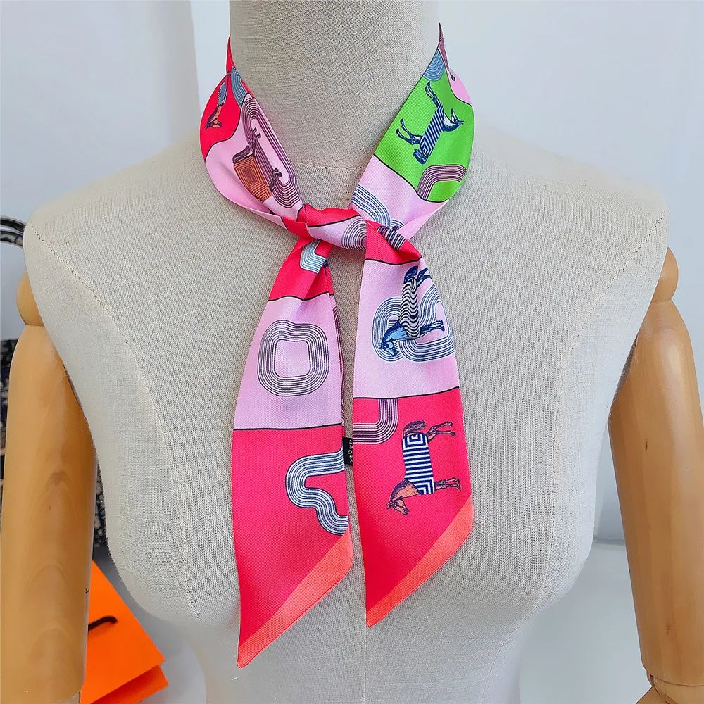 5*90cm Women Horse Printing Long Bag Scarf Brand Silk Foulard Dould-side Ribbon Tie Head Scarves For Ladies