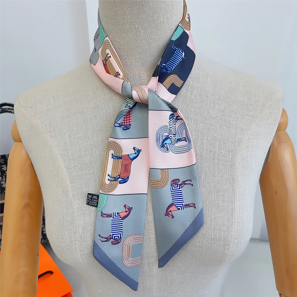5*90cm Women Horse Printing Long Bag Scarf Brand Silk Foulard Dould-side Ribbon Tie Head Scarves For Ladies