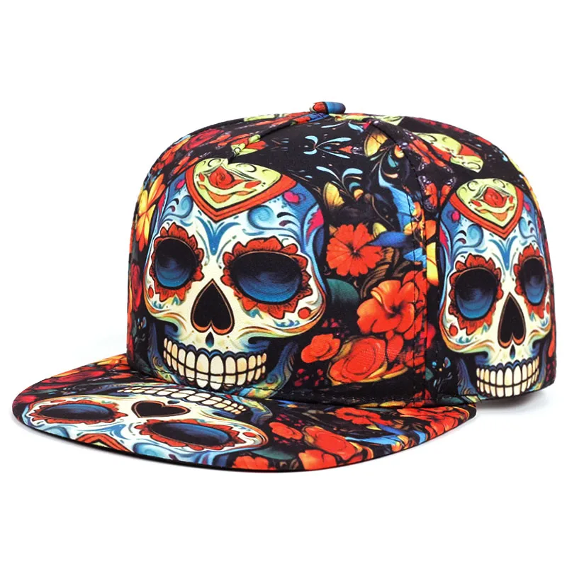 2025 Fashion New Flat brimmed Hat Printed Skeleton Street Skateboarding Hip Hop Hat Outdoor Leisure Sunshade Baseball Hat Unisex