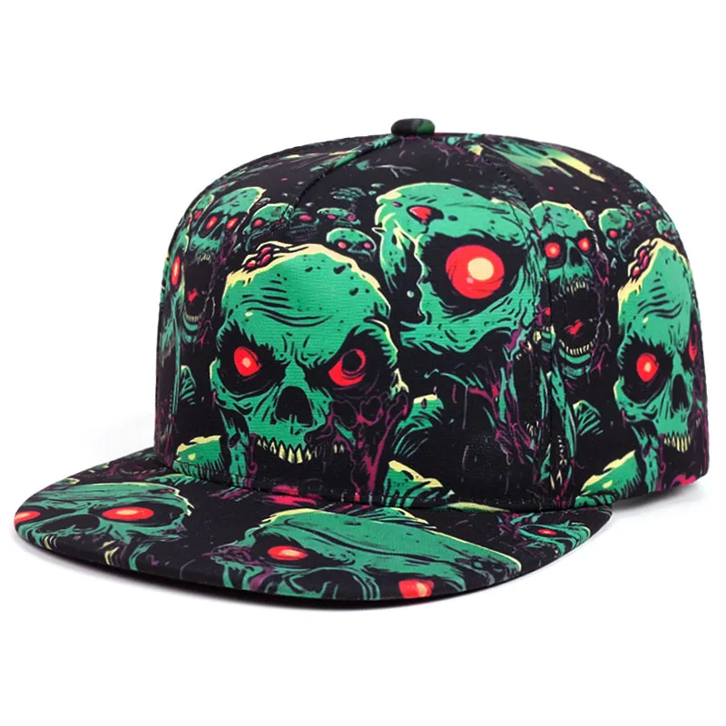 2025 Fashion New Flat brimmed Hat Printed Skeleton Street Skateboarding Hip Hop Hat Outdoor Leisure Sunshade Baseball Hat Unisex