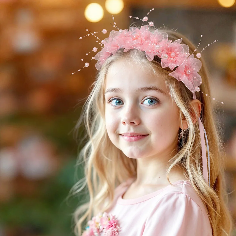 Fairy Flower Headband Sweet Lovely Girl Lace Floral Pearls Hair Hoop For Princess Wedding Birthday Headwear Accessories Gifts